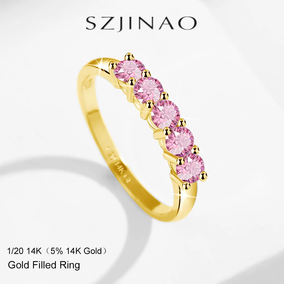 14K Gold Filled Pink Moissanite Rings 5 Stone D VVS1 for Women Man with 1/20th 14 Karat Gold Engagement Wedding Jewelry.