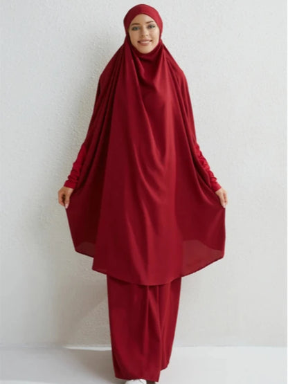 Muslim Sets Two Pieces Prayer Clothing Long Hooded Smocking Sleeve Shirts Hijab Loose Maxi Skirts Elastic Waist Women Abaya Sets