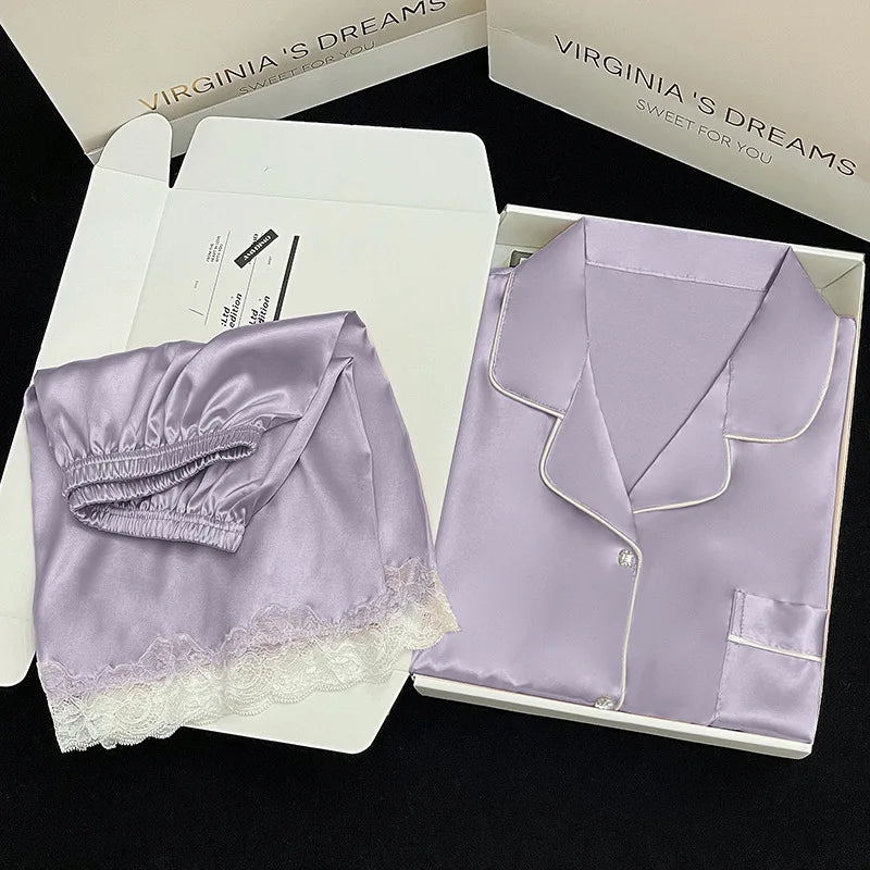 Sommer Damen Eis Seide Premium Gefühl Pyjamas Homewear Set Mädchen Kurzarm Sexy Spitze Spitze Einfache Pyjamas Homewear Set.