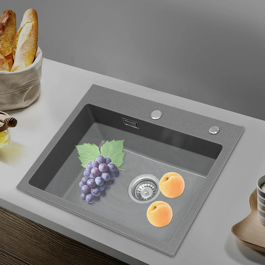 Küchenspüle, Quarzstein-Waschbecken, Abflussrohr, Abflusskorb, 55 x 45 cm, drehbarer Abfluss, Waschbecken für Badezimmer