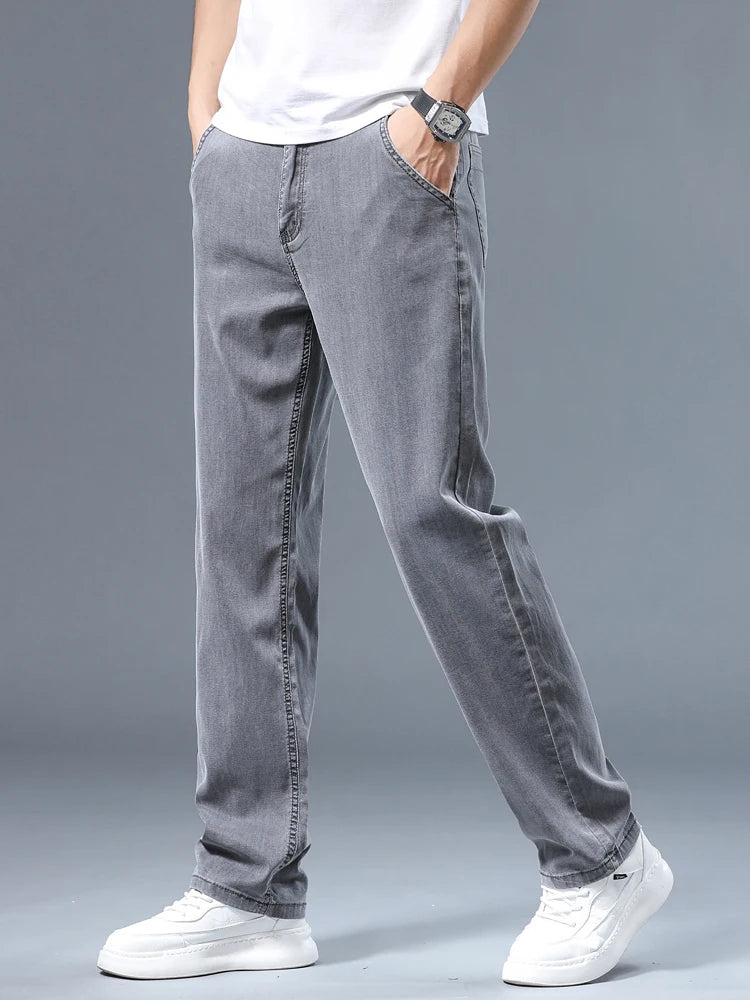 Summer Thin Men's Loose Straight Jeans Lyocell Soft Drape Business Casual Trousers Classic Smoke Gray Brand Ice Silk Pants.