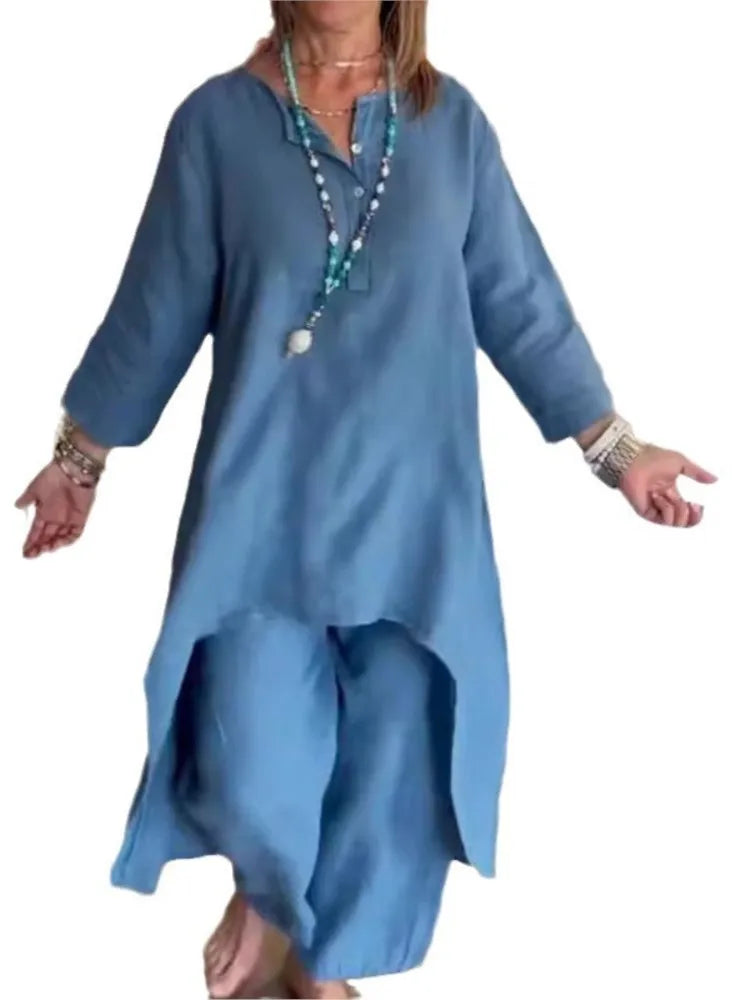 Spring Autumn Solid Color O Neck Seven-point Sleeve Long Women Suit Retro Casual Loose Seven-point Pants Cotton Linen 2piece Set.