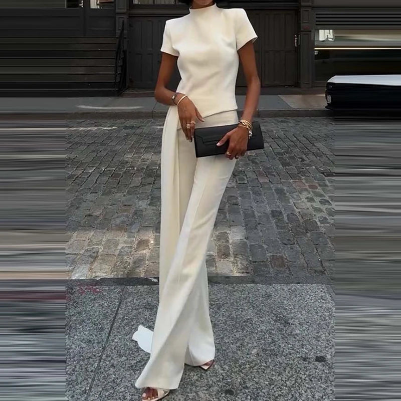 Simple Solid High Waist Straight Suit Office Elegant Party Outfit Women's Stand Collar Short Sleeved Top and Pants Two Piece Set.