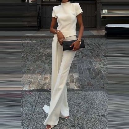 Simple Solid High Waist Straight Suit Office Elegant Party Outfit Women's Stand Collar Short Sleeved Top and Pants Two Piece Set.