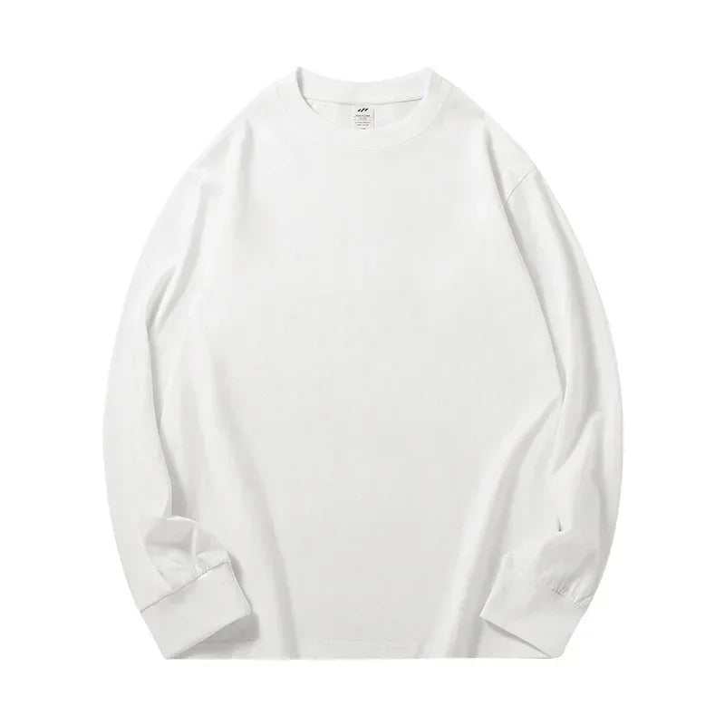 Spring Autumn 300g Heavy-duty Pure Cotton Long Sleeved  T-shirt FLoose White Top Thick Base Layer Underneath for Men and Women.