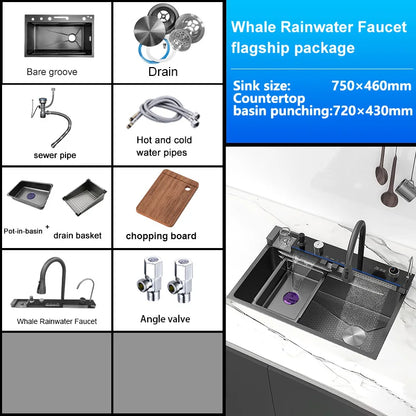 Stainless Steel Waterfall Kitchen Sink Extra Large Single Slot Multifunctional Sinks Digital Display Dishwashing Basin