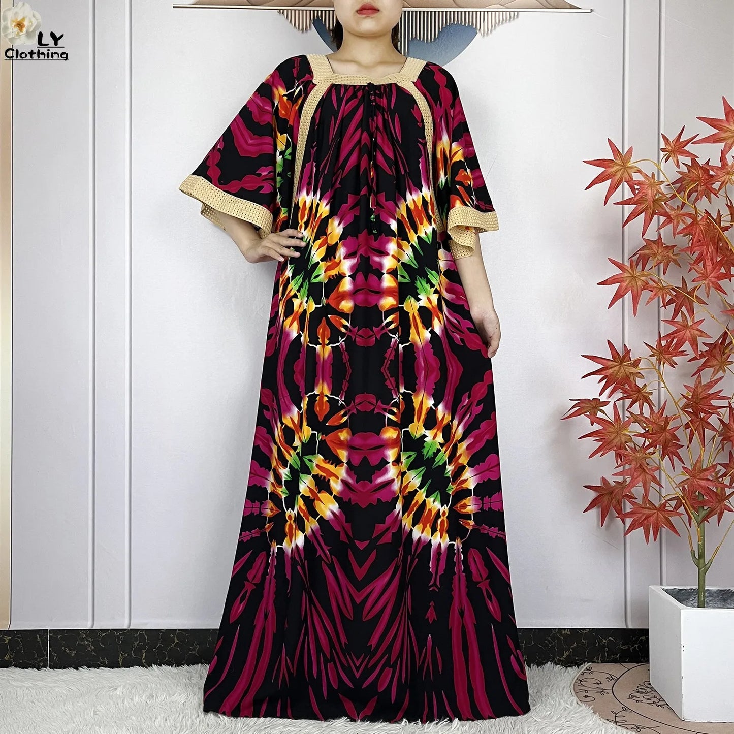 New Muslim Dress Woman Short Sleeve Dashiki African Abaya Tie-dyed Printing Cotton Loose Femme Robe Islamic Dresses With Scarf.