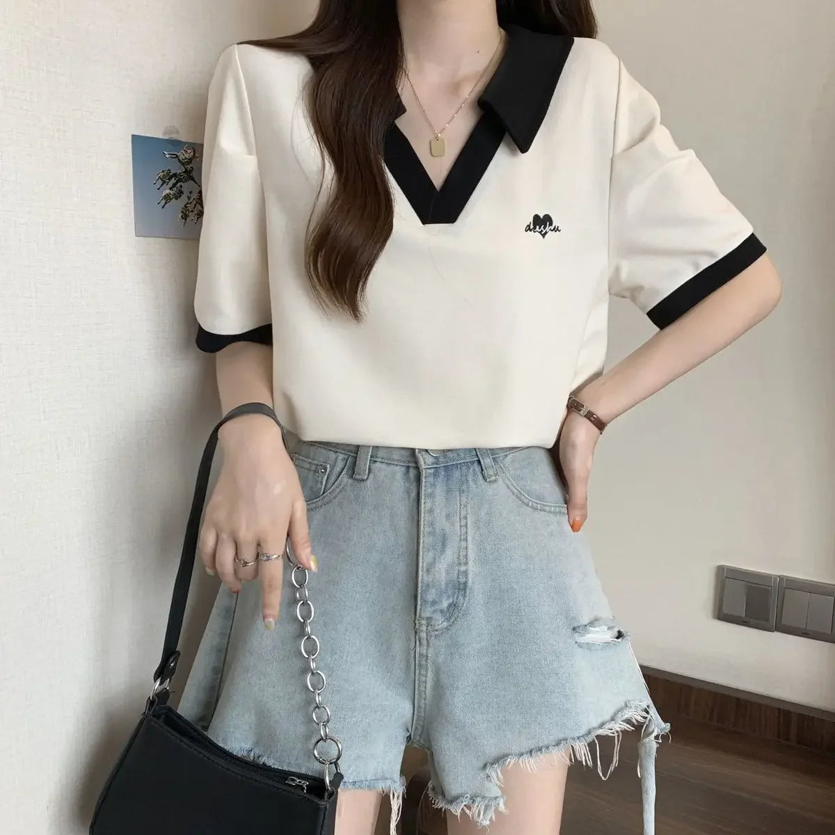 Plus Size Women's Casual Polo Neck Short Sleeve T-Shirt Slimming Belly Cover Summer Age Defying Shoulder Level Top.