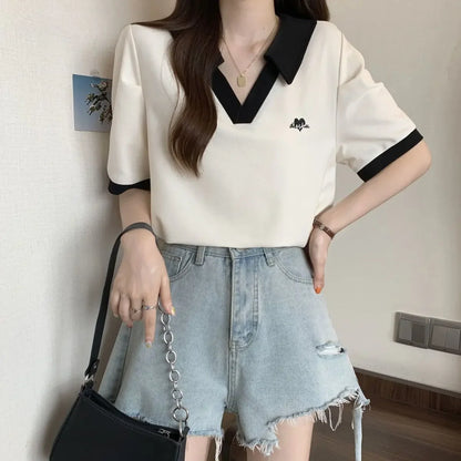 Plus Size Women's Casual Polo Neck Short Sleeve T-Shirt Slimming Belly Cover Summer Age Defying Shoulder Level Top.