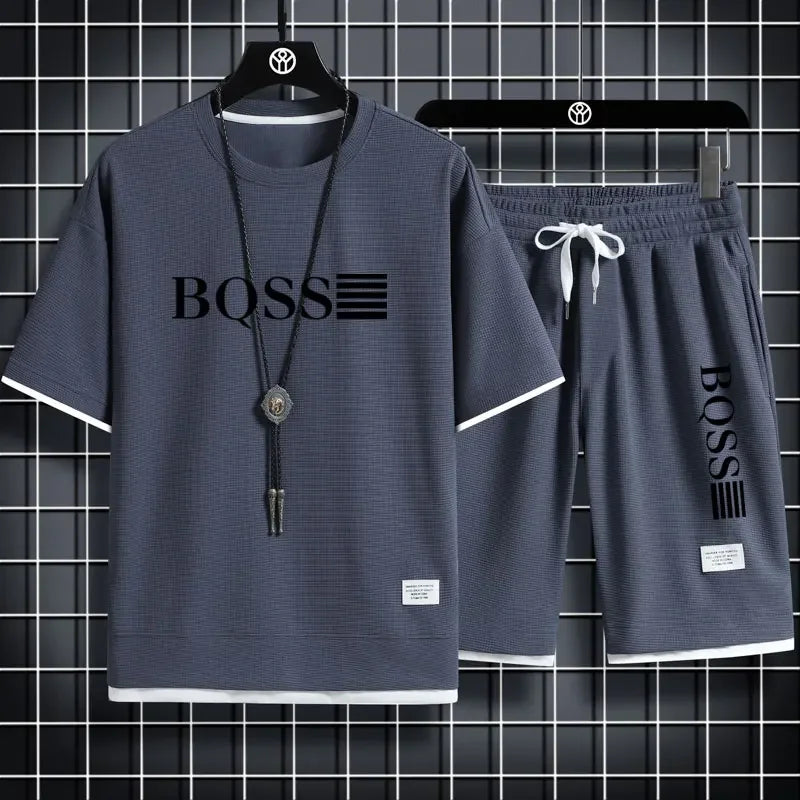 Summer fitness jogging loose sportwear set men's solid color short-sleeved casual T-shirt + shorts breathable two-piece set.