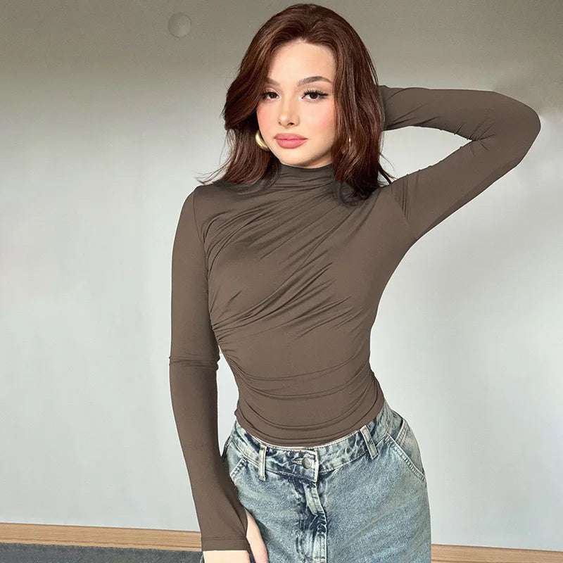 2025 Autumn Solid Color Folds Turtleneck Slim T Shirt Women Long Sleeves Bottoming Shirt Ladies Tee Shirt Tops Camisetas Mujer