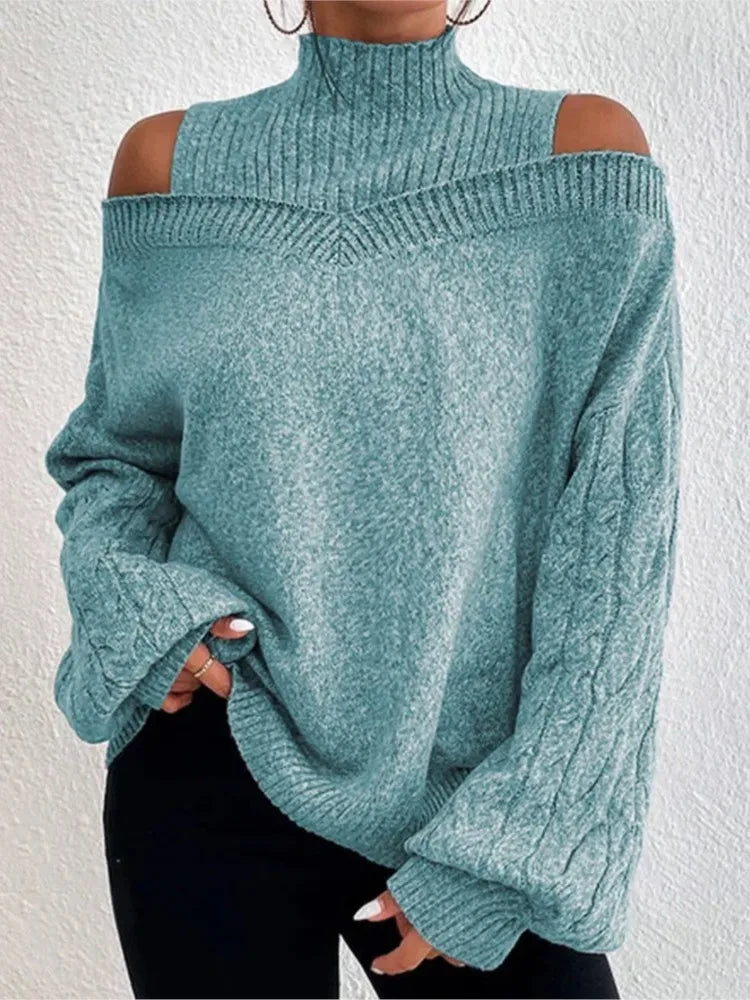 2025 Autumn Winter New Solid Knitting Off Shoulder Sweaters Elegant Office Lady Half High Collar Splice Loose Pullovers Sweater.
