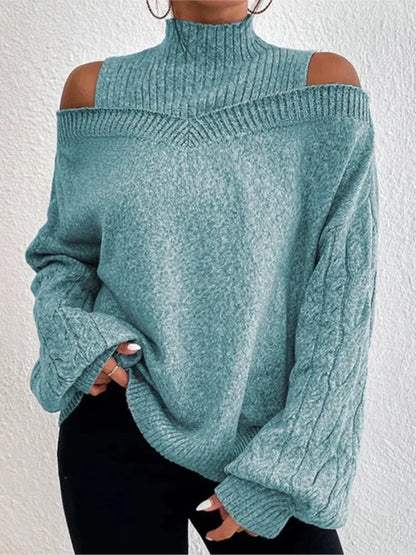 2025 Autumn Winter New Solid Knitting Off Shoulder Sweaters Elegant Office Lady Half High Collar Splice Loose Pullovers Sweater.
