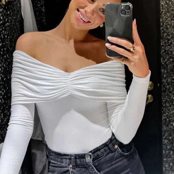 Talenza Sexy Ruched Top Women's One-Shoulder Long Sleeve Backless Solid Pullover Top Summer Female Office Lady Casual Top Women.