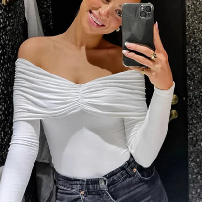 Talenza Sexy Ruched Top Women's One-Shoulder Long Sleeve Backless Solid Pullover Top Summer Female Office Lady Casual Top Women.