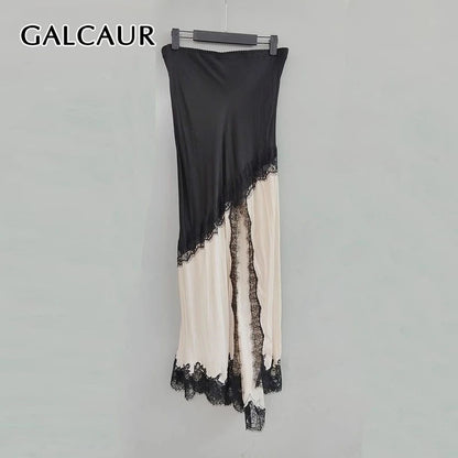 GALCAUR Hit Color Sheer Spliced Lace Elegant Skirts for Women High Waist Patchwork Split Temperament Skirt Female Fashion Style.