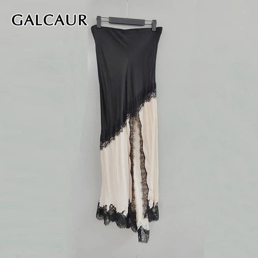 GALCAUR Hit Color Sheer Spliced Lace Elegant Skirts for Women High Waist Patchwork Split Temperament Skirt Female Fashion Style.