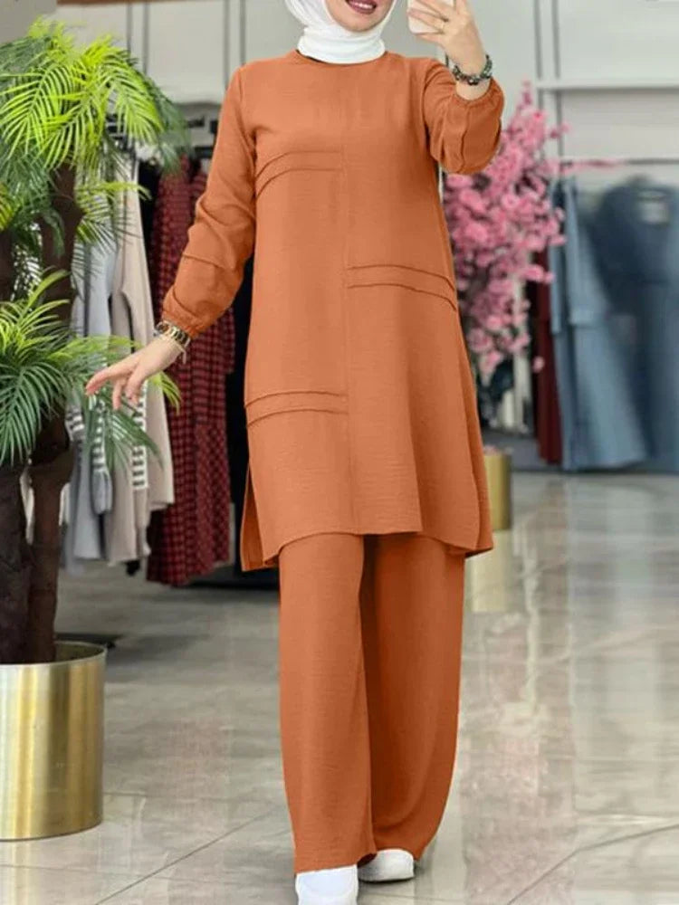 Ramadan Two Piece Sets Shirt Dress &Pants Women Muslim Suits Shirt Blouse Musulman Ensembles Moroccan Kaftan Islamic Dress Sets.