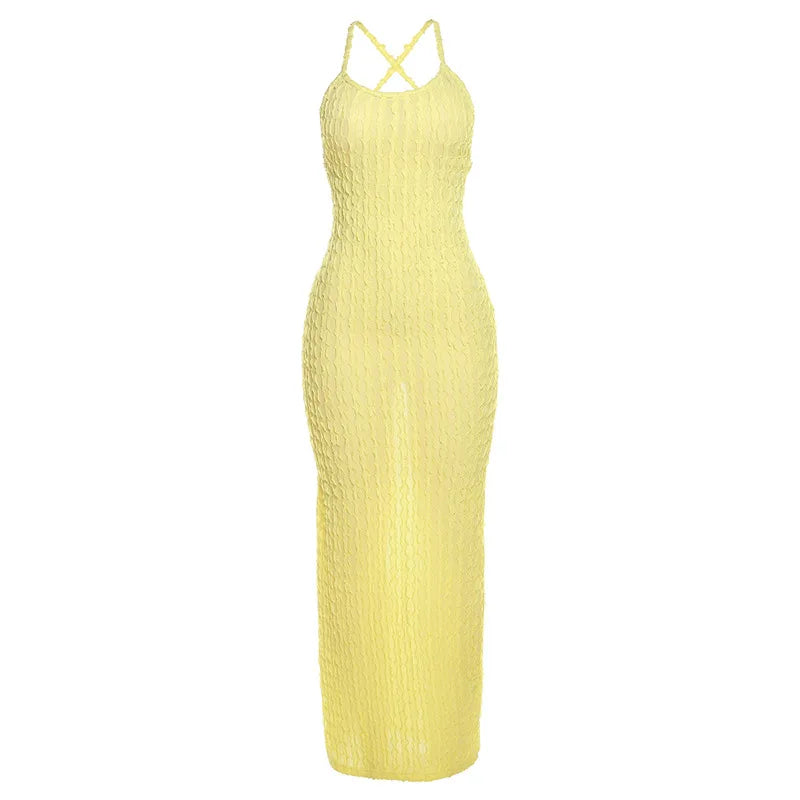 Sexy Streifen Rippen Stricken Schlank Bodycon Maxi Kleid Frauen Ärmellose Backless Lange Popcorn NDress Elegante Club Party Vestidos