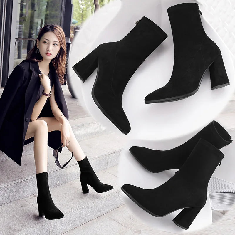 2022 Winter New Thick Heel Suede Pointed Shoes Women's Warm Fashion High Heels Sexy Versatile Short Boots Botte Femme Hiver.