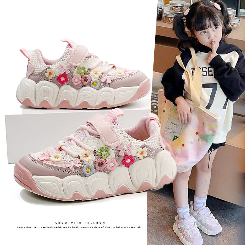 Girls Flowers Sports Shoes Children Princess Embroidered Running Shoes Air Mesh Girls Casual Sneakers Summer 2025 New