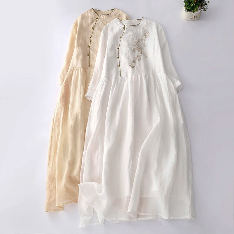 Vintage lange Damen kleider neue chinesische Stickerei koreanische Kleidung Sommer Kurzarm lose Freizeit kleid.