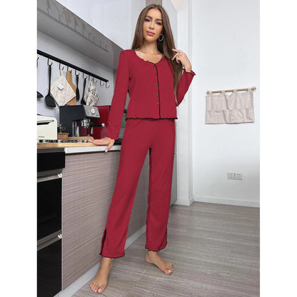 Europe hot-selling women's pajamas set autumn and winter pit strip cardigan long-sleeved trousers loungewear set.