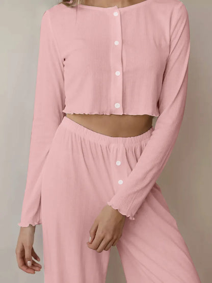 Spring and Autumn New Ladies Sexy Pajamas Homewear Suit Knitted Design Sense Containing Cotton Long-Sleeved Long Pants Suit.