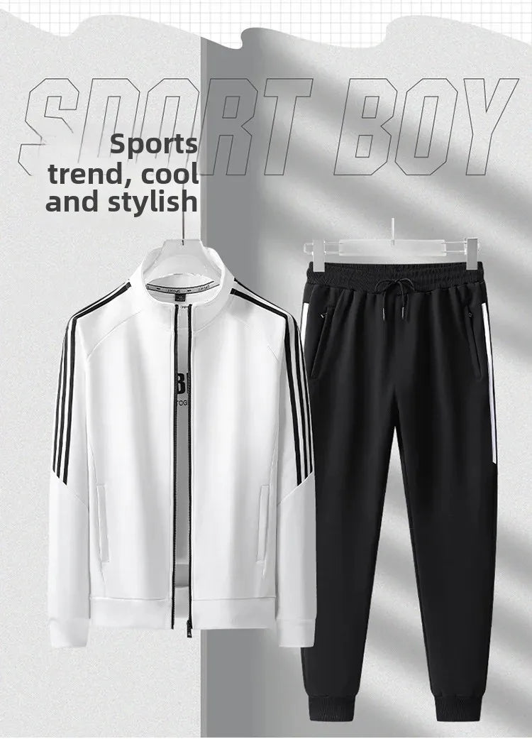 New Casual Men's Sport Suit Striped Ankle-Length Cotton Stand Collar Jacket With Three Buttonts Slim Fit Pants 2-Piece Set.