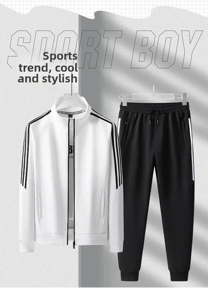 New Casual Men's Sport Suit Striped Ankle-Length Cotton Stand Collar Jacket With Three Buttonts Slim Fit Pants 2-Piece Set.