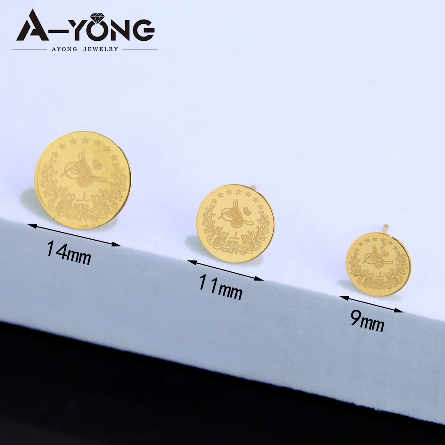 Simple Turkish Liberty Coin Stud Earrings 18k Gold Plated Round Ear Nail Dubai Arab Women Engagement Wedding Party Jewelry.