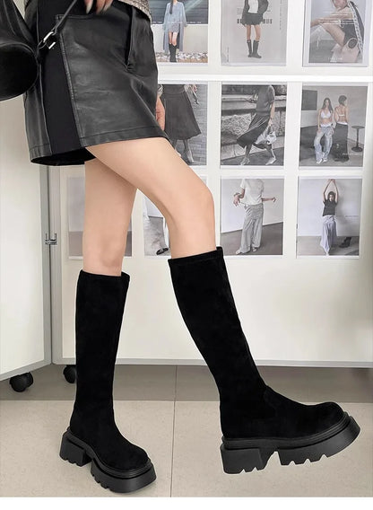 Winter Platform Punk Style Woman Knee High Boot Concise Slip On Elastic Slim Shoes Ladies Thick Bottom Knight Long Booties.
