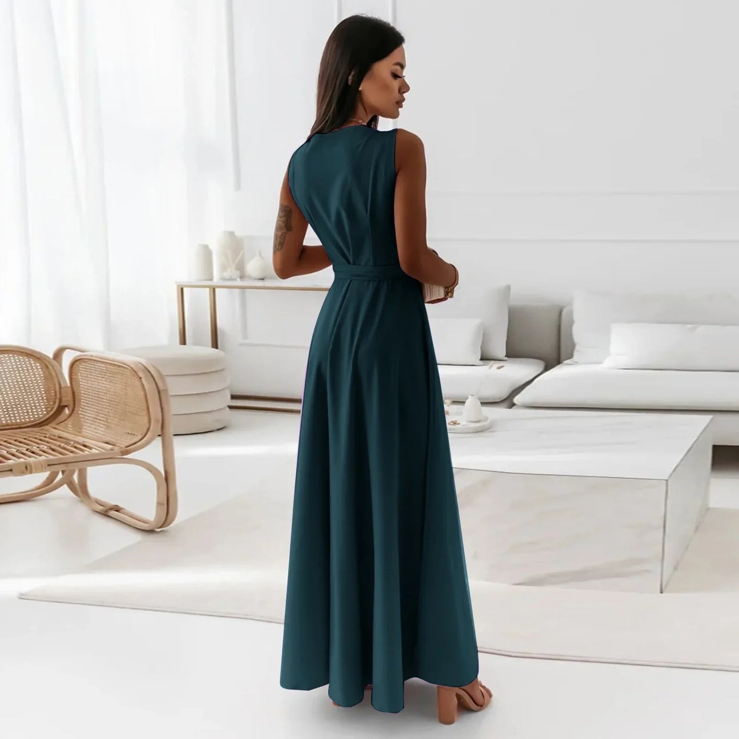 Frühling Sommer Neue Stil frauen Lange V-ausschnitt Kleid Reine Farbe Maxi Kleid Ärmelloses Empire-Taille Kleid für Damen Modische.