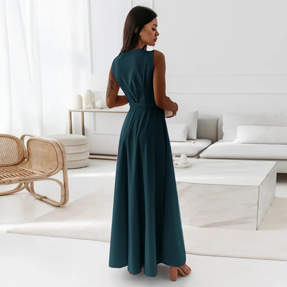 Frühling Sommer Neue Stil frauen Lange V-ausschnitt Kleid Reine Farbe Maxi Kleid Ärmelloses Empire-Taille Kleid für Damen Modische.
