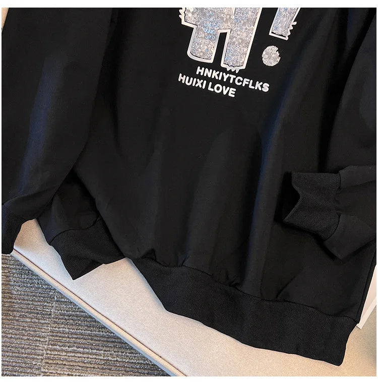 175kg plus size Damen büste Frühling Herbst loser Rundhals ausschnitt Langarm bedrucktes Sweatshirt schwarz lila 5xl 6xl 7xl 8xl 9xl