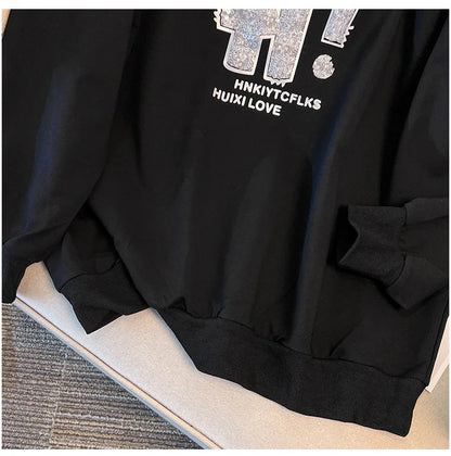 175kg plus size Damen büste Frühling Herbst loser Rundhals ausschnitt Langarm bedrucktes Sweatshirt schwarz lila 5xl 6xl 7xl 8xl 9xl