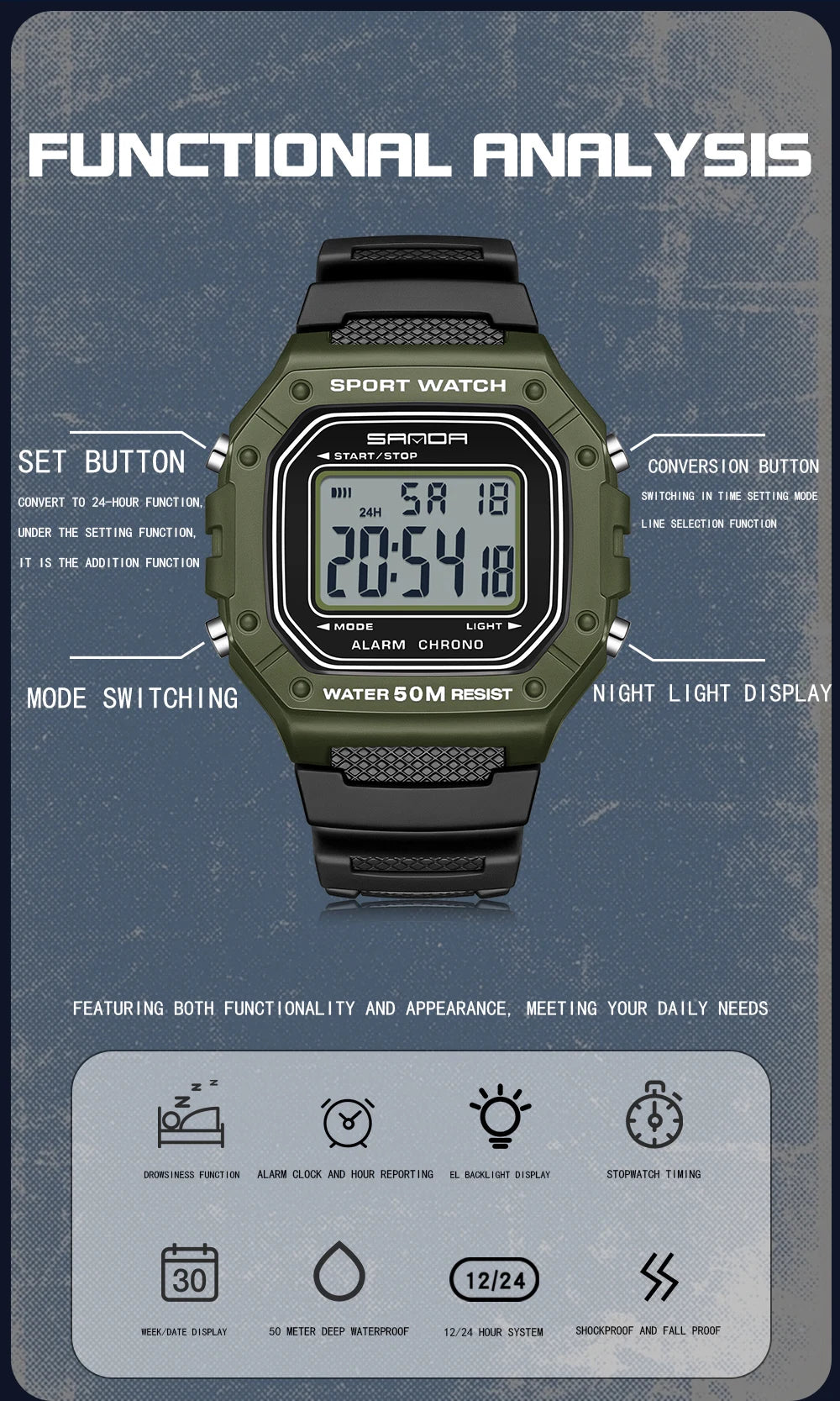 SANDA 2156 Fashion Mens Watch Military Water Resistant Sport Watches Army Big Dial Led Digital Wristwatches Stopwatches For Male.