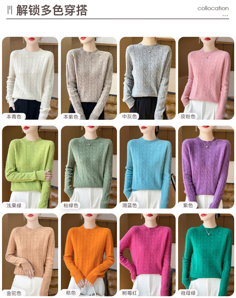 Frauen 100% Merino Wolle Verdickung Pullover Oansatz Gestrickte Twisted Pullover Herbst Winter Kaschmir Langarm Kleidung Basis Tops.