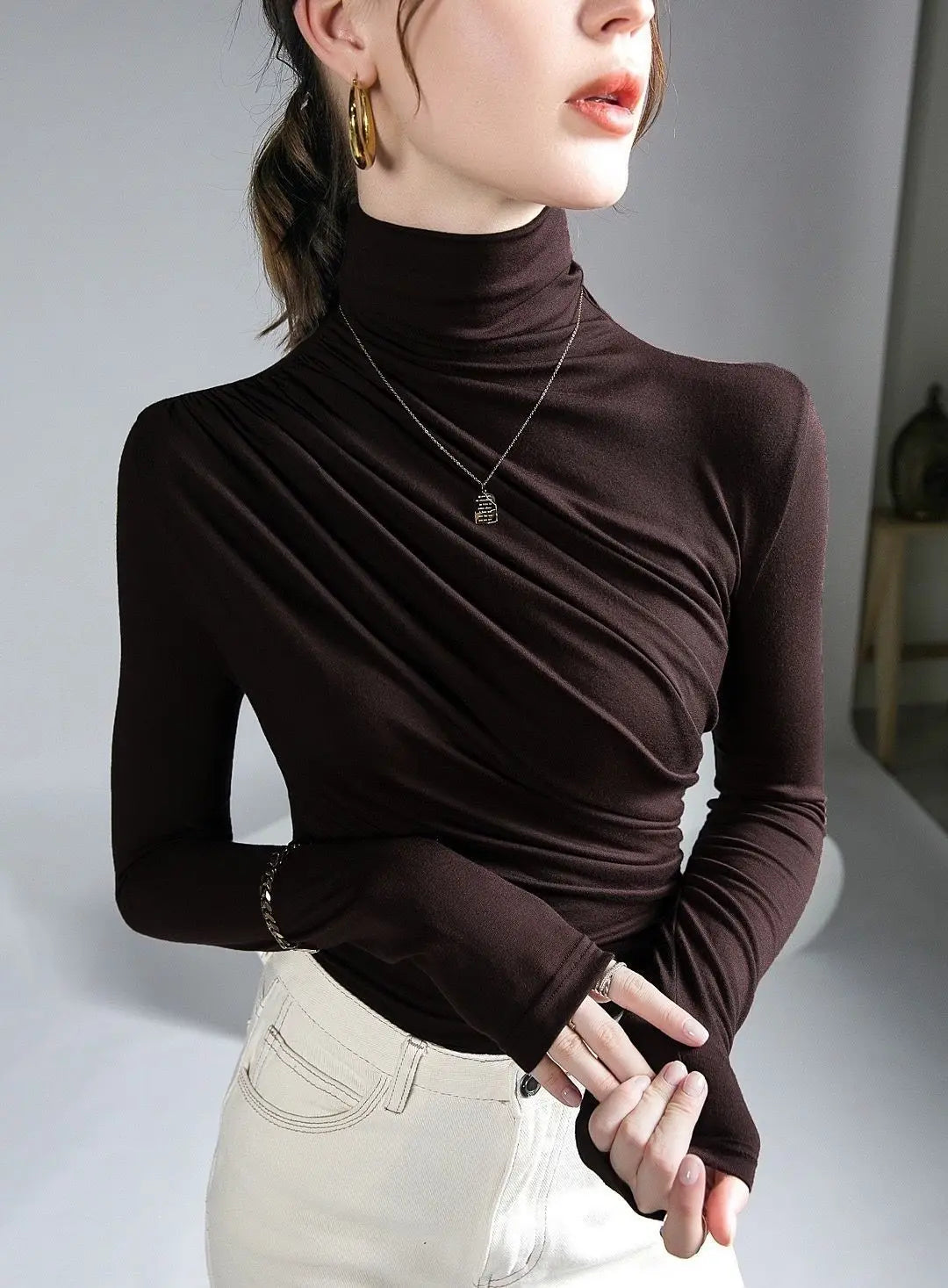 Pleated Stretch T-shirt New Spring Autumn Turtleneck Bottoming Pullover Women's Casual Elegant Basic Top Shirts Harajuku Gothic.