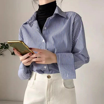 Classic Striped Woman Spring Autumn Blouses Shirt Lady Long Lantern Sleeve Stand Collar Loose Blusas Tops.