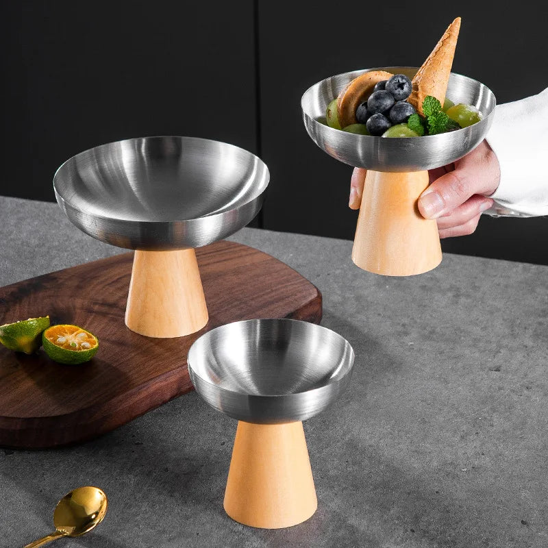 StainlessTea Tray Snack Tray Fruit Tray Salad Tray Steel Wooden Footed Cup High Foot Cup Ice Cream Cup Pudding Cup Dessert Plate.