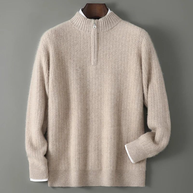 Men's 100% Merino Wool Thicken Sweater Half Zipper Mock Collar Pullover Autumn Winter Cashmere Knitwear Business Casual Clothing