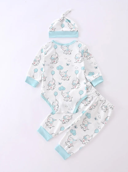 Unisex-Body für Neugeborene + Mütze + Hose, 3-teiliger Anzug für Jungen und Mädchen, niedlicher bedruckter einteiliger Strampler mit Rundhalsausschnitt für alle Jahreszeiten.