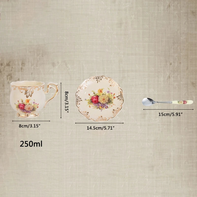 Teas Cup and Saucers Set Ivory Porcelain Coffee Cup Retro Flower Rose Ceramics Cup Set with Saucers and Spoon Drink Gift.