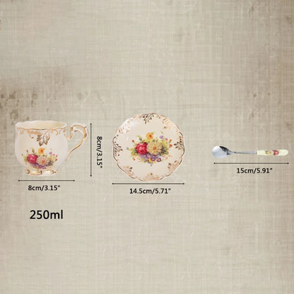 Teas Cup and Saucers Set Ivory Porcelain Coffee Cup Retro Flower Rose Ceramics Cup Set with Saucers and Spoon Drink Gift.
