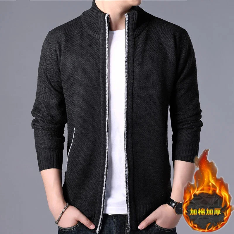 New Men's Casual High Collar Long Sleeve Knitted Top with Velvet Warmth for Autumn and Winter Fashion Multi Functional Jacket.