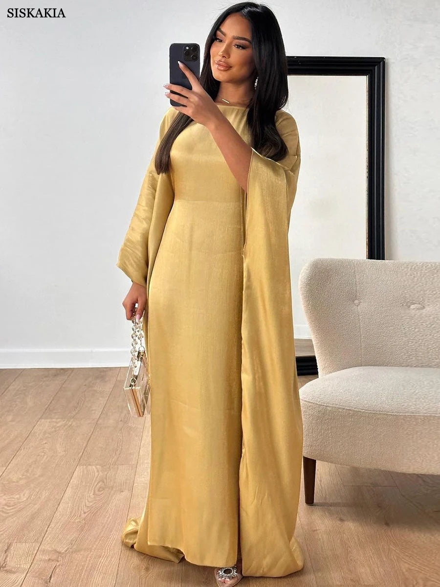 Siskakia Muslim 2024 New Eid Dresses Solid Shiny Satin Batwing Sleeve Modest Kebaya Turkish African Women Abayas Saudi Clothing.