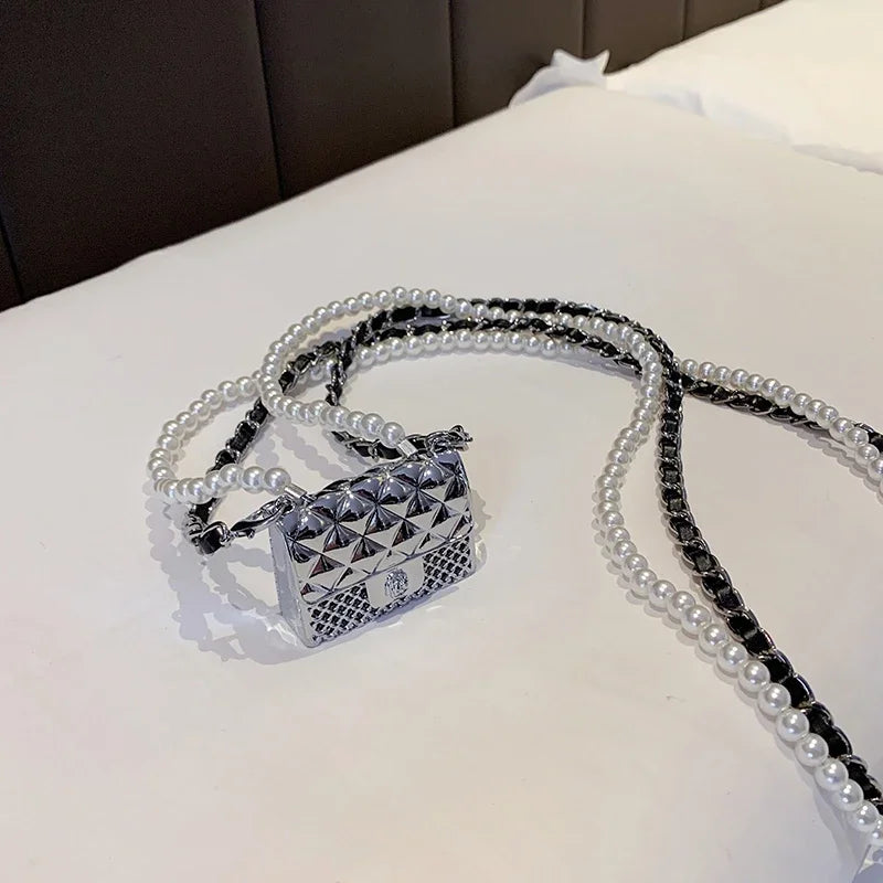 Mini Metal Shoulder Bags for Women Pearl Chain Crossbody Bag Designer Clothing Accessories Satchel Female Decorative Box Handbag