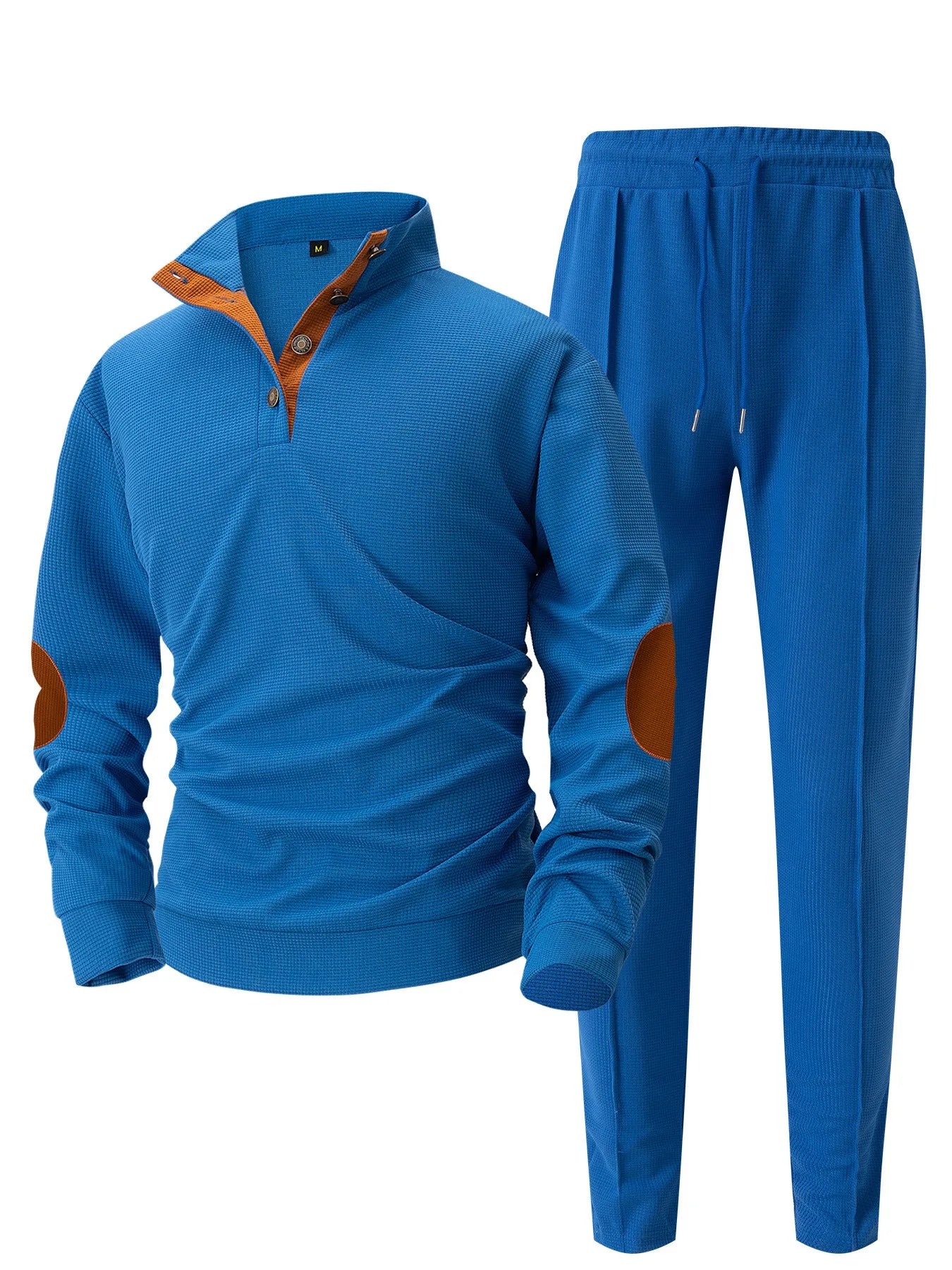 Men's new autumn style American stand-up collar button elbow patch color-block long-sleeve hoodie and pants set.