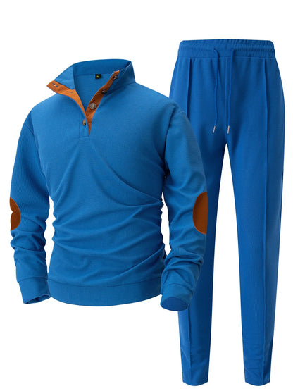 Men's new autumn style American stand-up collar button elbow patch color-block long-sleeve hoodie and pants set.